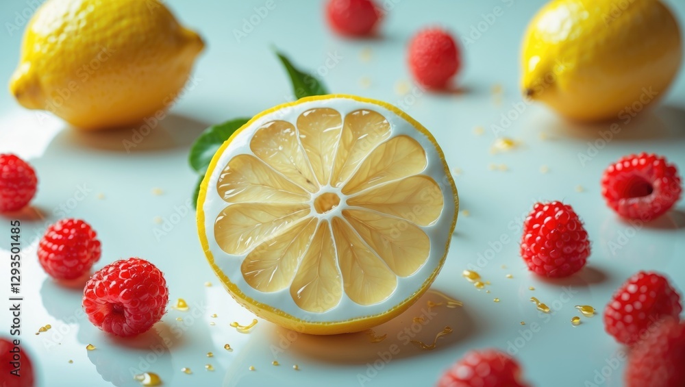 Poster freshly cut lemon slice surrounded by raspberries on a light background perfect for culinary and bev