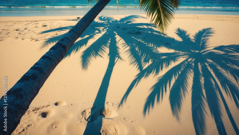 Poster tropical palm tree casting shadows on a serene sandy beach with gentle ocean waves in the background