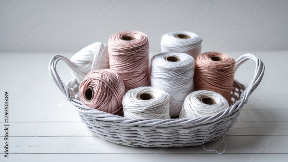 Poster cotton thread spools in a white basket on a light background representing cozy home crafting during 