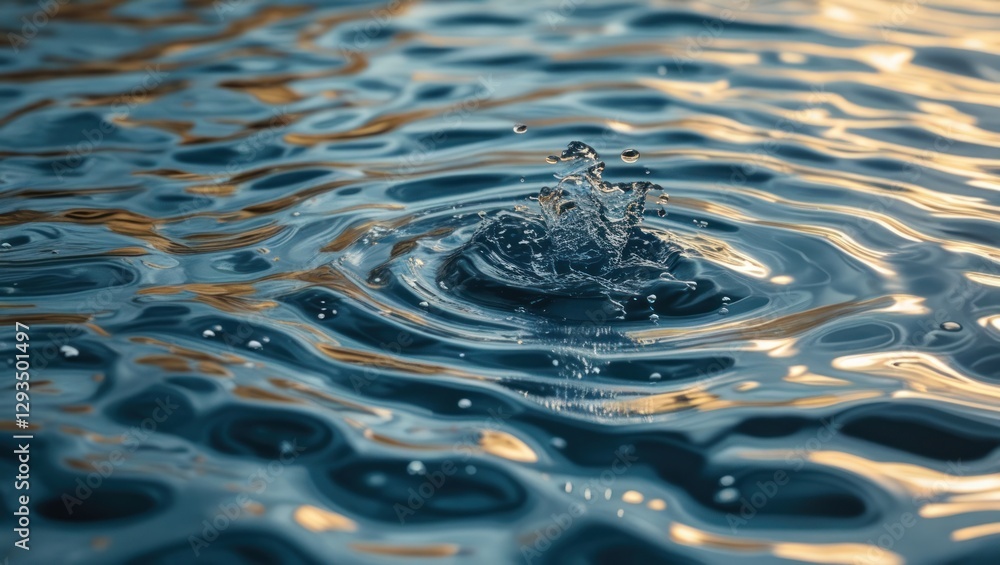 Poster calm water surface with ripples and splashes reflecting soft golden light at sunset creating a seren