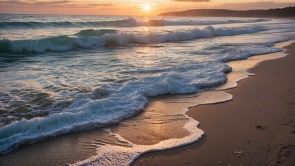 Serene Sunset Over Gentle Waves Crashing On Sandy Beach With Reflections And Warm Tones In The Sky