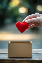 Hand Holding Heart Over Gift Box. A hand holds a red heart above a brown box on a wooden table. Ideal for gifting themes.