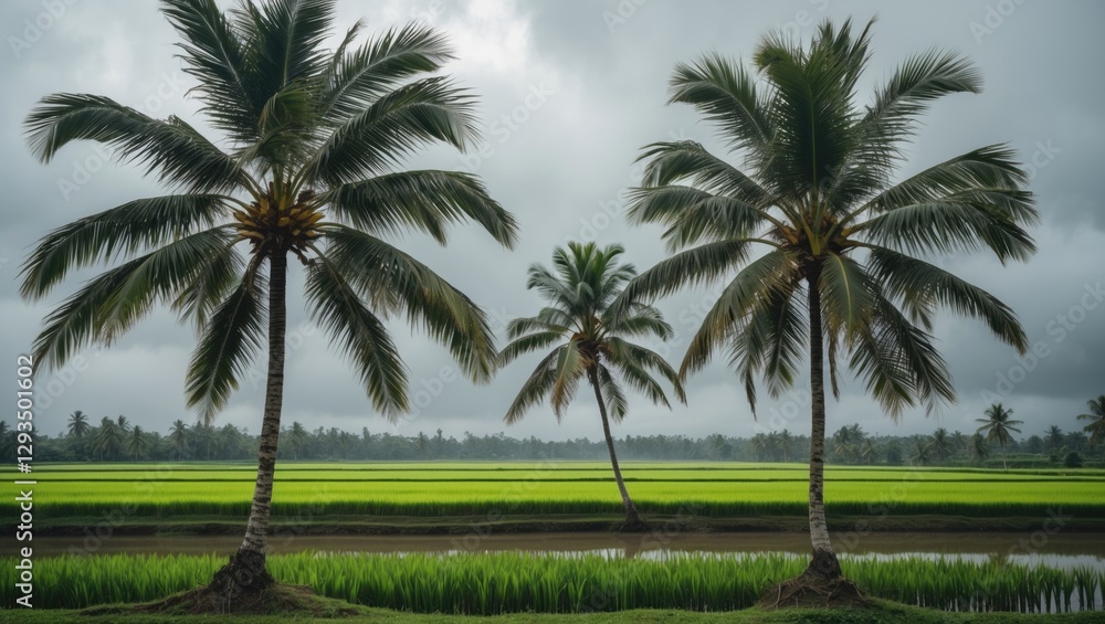 Aufkleber palm trees in lush rice fields under cloudy sky with space for text banner design
