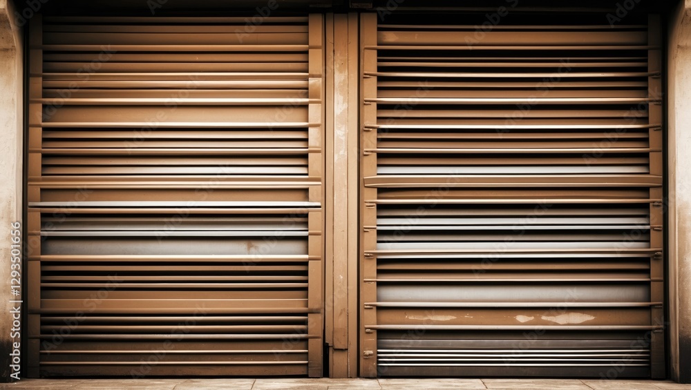 Poster metal shutter background with horizontal lines in sepia tone for textured urban design and industria