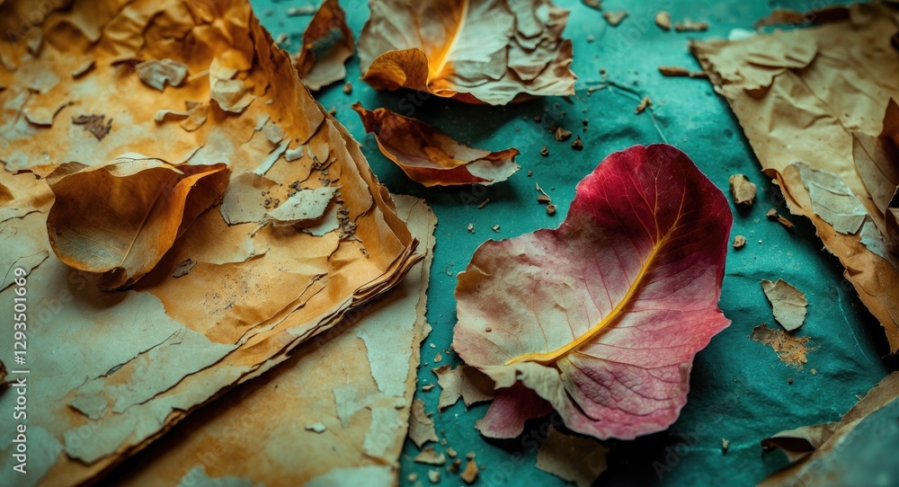 Poster vintage textured paper with dried leaves in a rustic setting creating an artistic and nostalgic comp