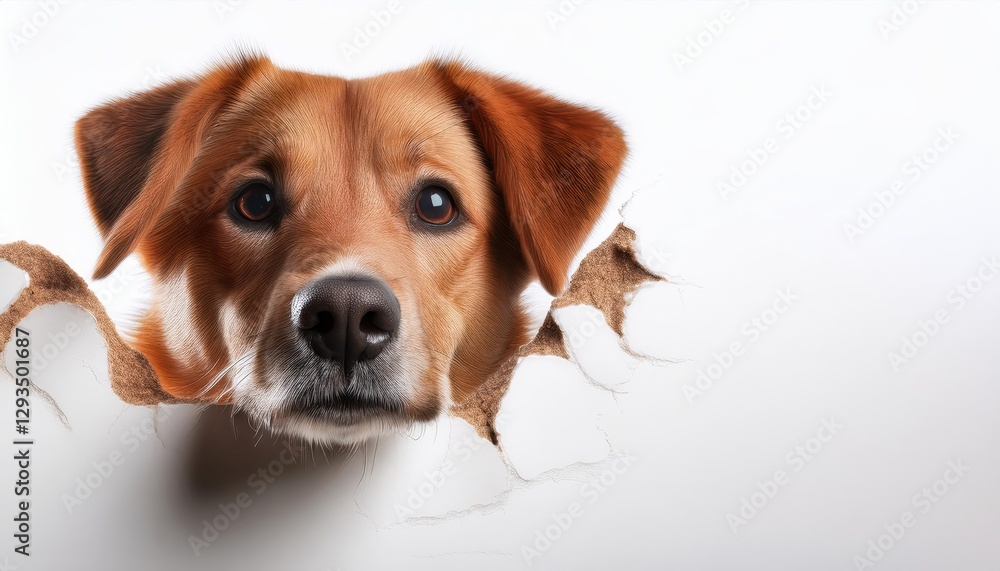 Poster closeup of a playful dog nose poking through white background with ample space, capturing the adorab