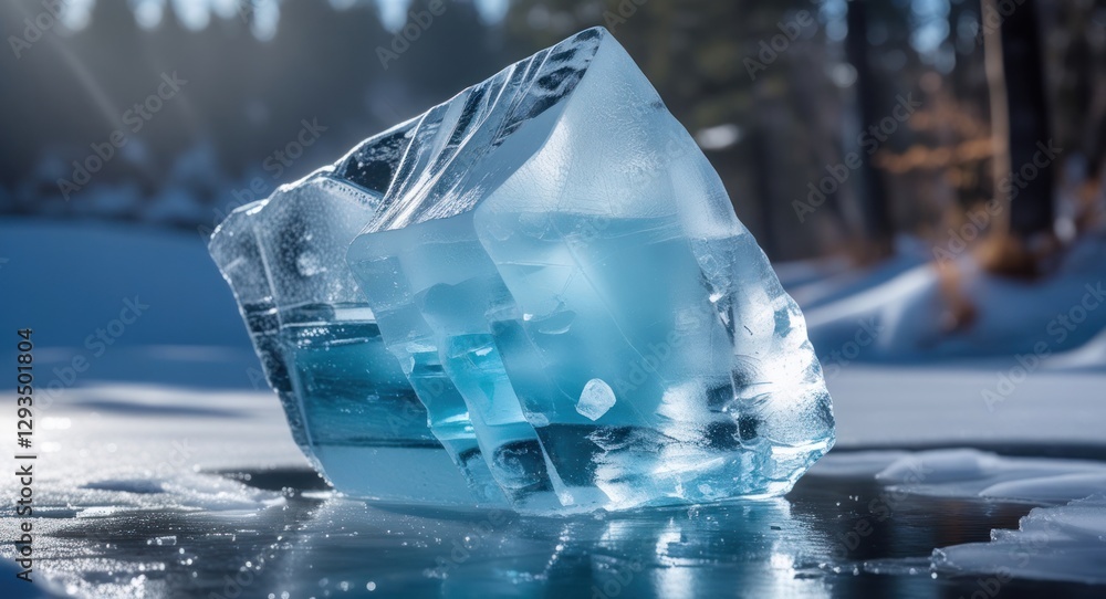 Poster Glacial ice block glistening in sunlight on a frozen lake with a serene winter landscape in the background