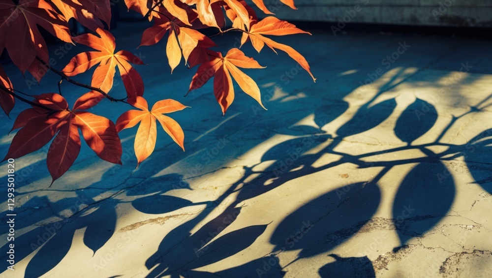 Poster autumn leaves casting intricate shadows on a textured cement floor illuminated by soft sunlight.