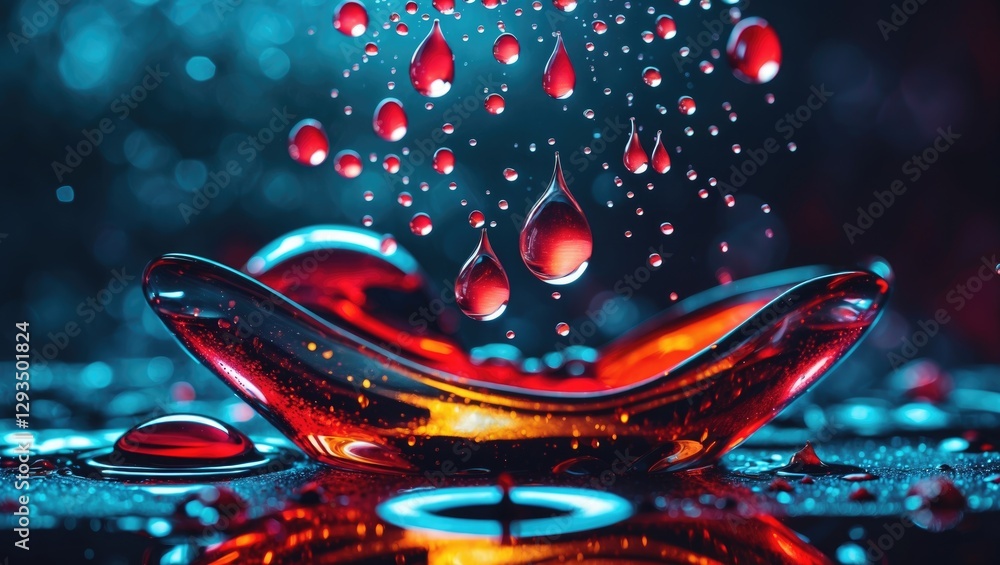 Poster colorful water droplets on dark glass surface with vibrant reflections and artistic bokeh lighting c