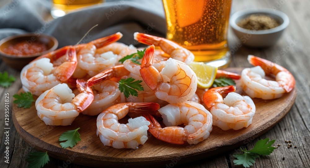 Poster shrimp platter with beer and garnish on rustic table perfect for food promotion and recipe design