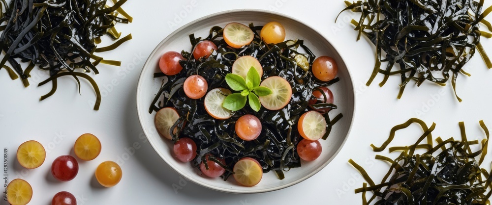 Poster seaweed salad with sea grapes and fresh fruits on white background healthy food concept with space f