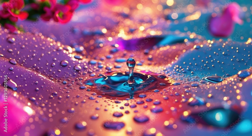 Poster abstract colorful water droplets creating a textured surface with blurred flowers for a serene natur