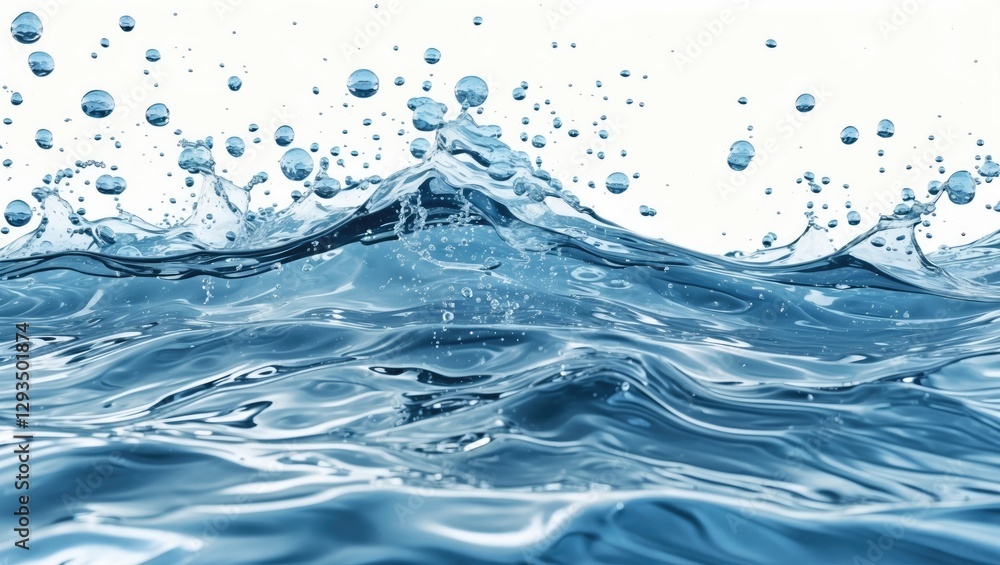 Poster dynamic water waves and bubbles creating a refreshing aquatic backdrop with a clean white background