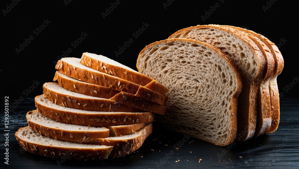 Aufkleber sliced rye bread displayed artfully on a black background highlighting texture and details with spec