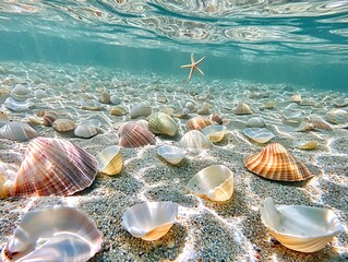White sandy beaches strewn with seashells, starfish, and small fish swimming in the light yellow waves