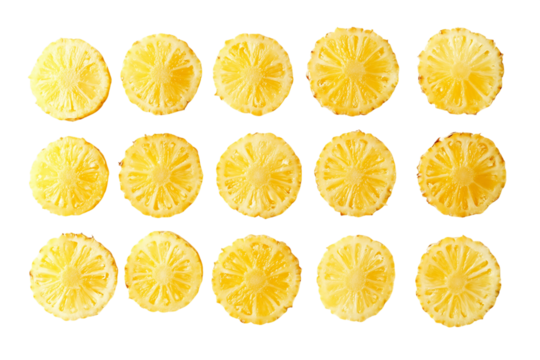 Pattern of fifteen thin round lemon slices on transparent background, PNG