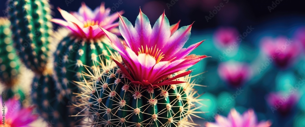 Poster vibrant close-up of blooming cactus flowers with soft focus background ideal for text overlay and na