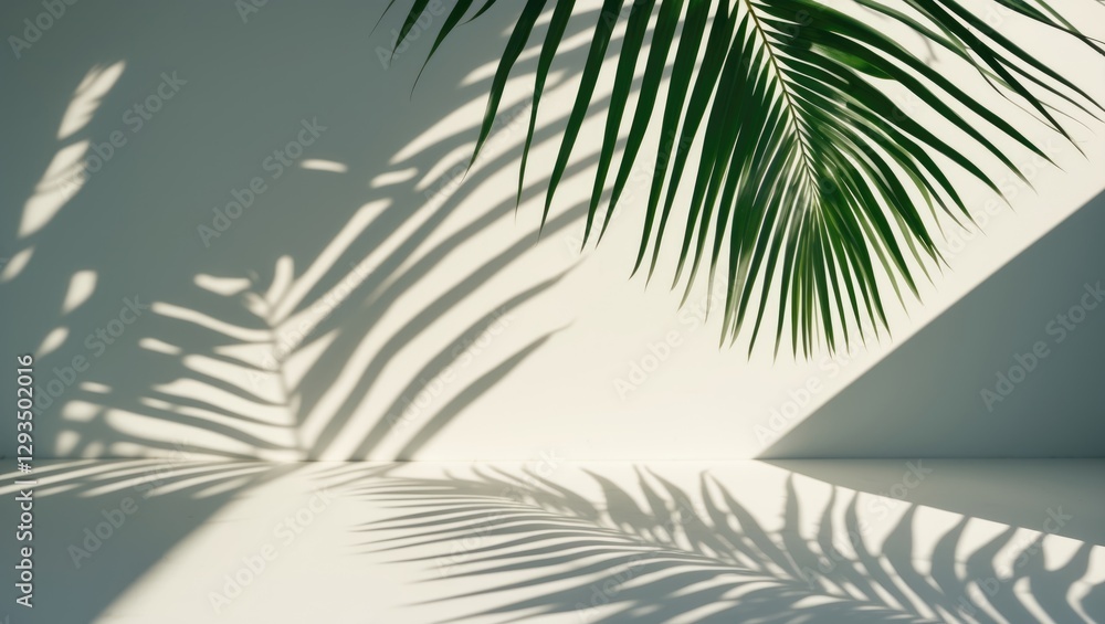 Poster minimalist palm leaf shadow overlay with copy space for product placement and aesthetic display on a