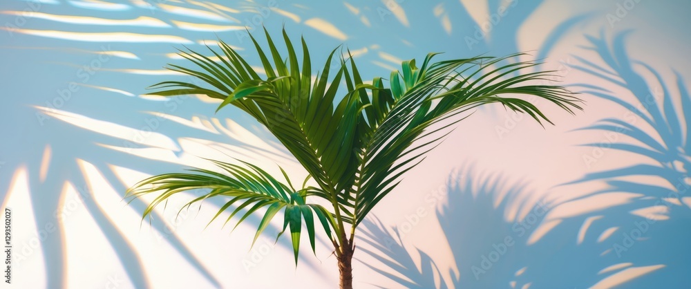 Poster tropical palm leaves casting intricate shadows on a soft white and blue background creating a serene