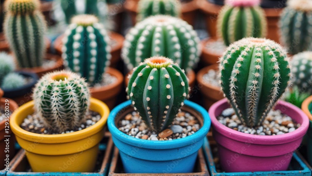 Poster Vibrant Collection of Small Cacti in Colorful Pots Displayed in a Greenhouse Setting