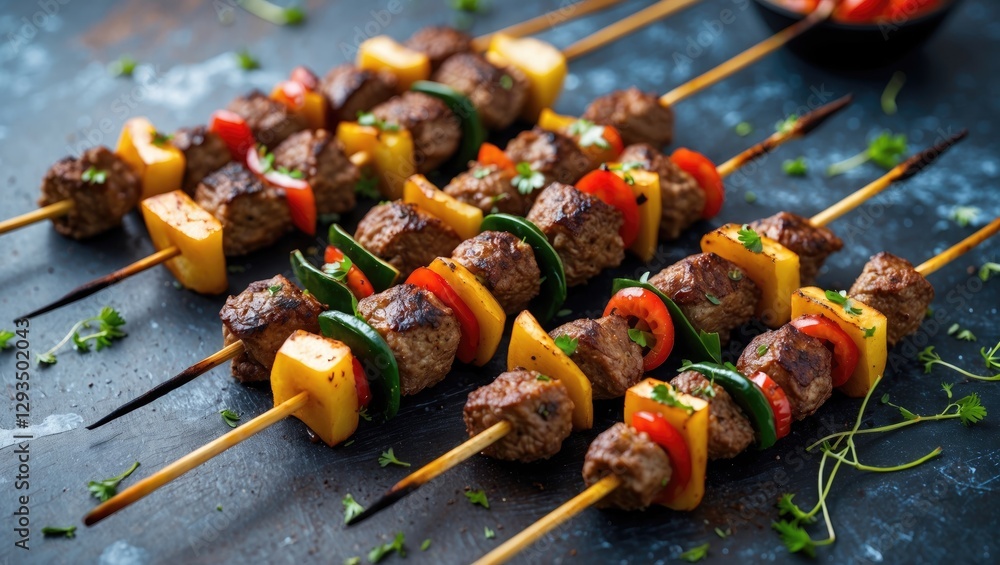 Poster grilled shish kebabs skewered with vegetables and meat on a rustic table with fresh herbs and sauces