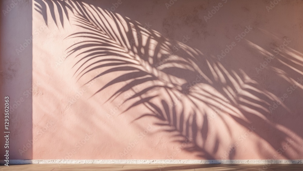 Poster palm leaf shadow creating serene patterns on a soft textured pastel wall in natural light