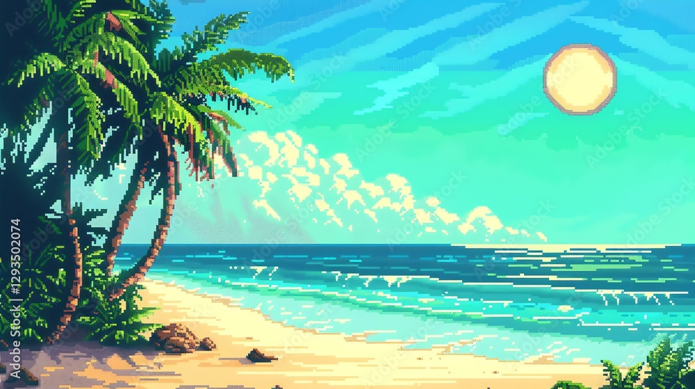 Poster a pixel art style image of a beach with palm trees.