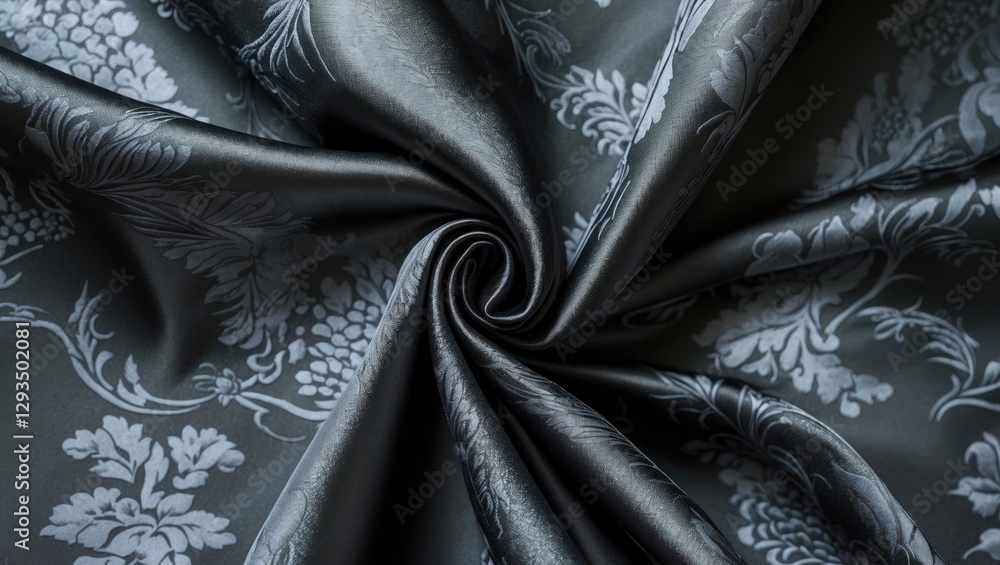 Poster elegant gray black silk fabric with intricate floral pattern, showcasing a soft sheen ideal for soph