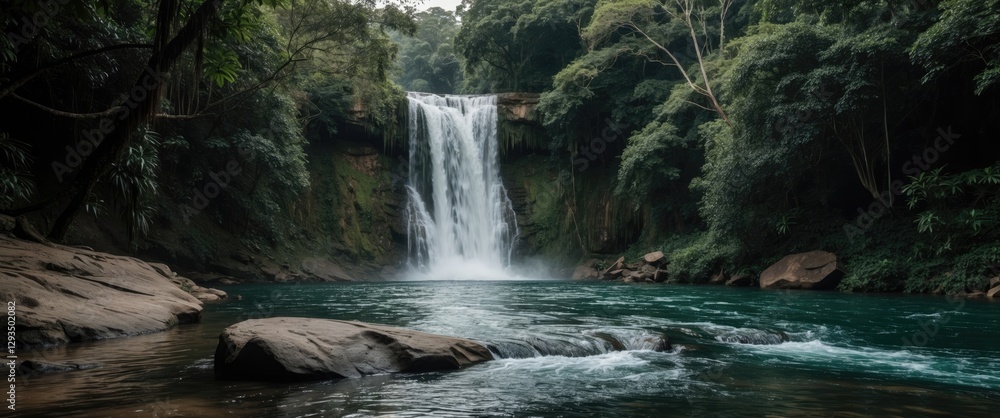 Poster serene jungle waterfall surrounded by lush greenery with tranquil pool and space for text overlay