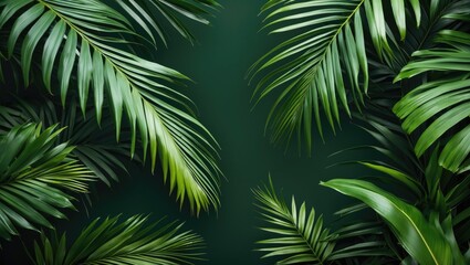 Lush palm leaves on a dark green background captured in macro detail, ideal for tropical or nature-themed designs and backgrounds.