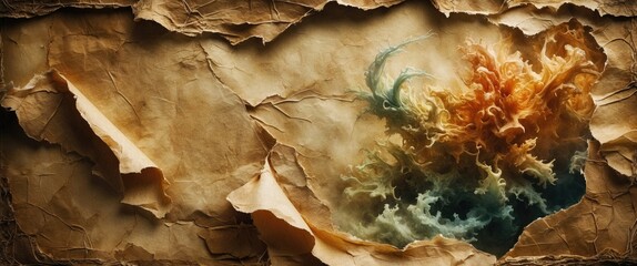 Vintage crumpled paper texture with abstract colorful swirl design for artistic or creative backgrounds.