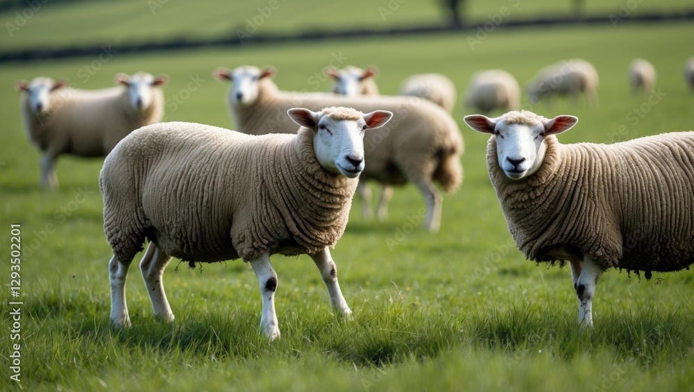 Poster sheep grazing silently in lush green field under soft light ideal for rural and farm life themes
