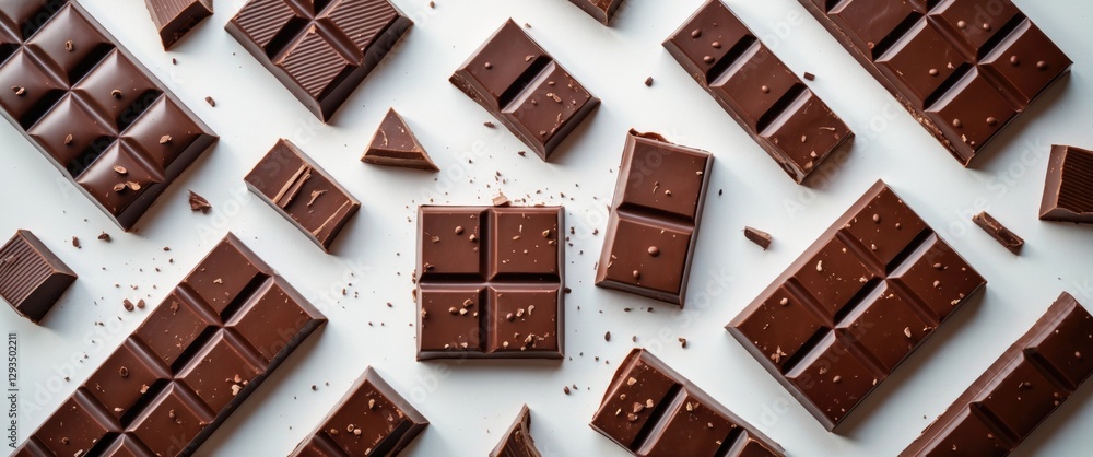 Poster assorted chocolate bars and broken pieces arranged artistically on a white background showcasing ric