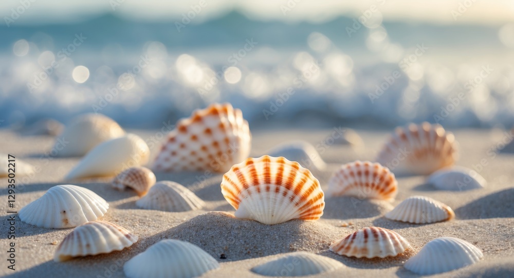 Poster Seashells on sandy beach with gentle waves in the background and ample space for text overlay in a serene coastal setting.