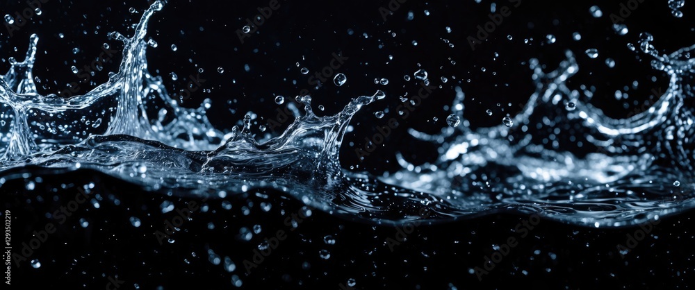 Poster high-quality water splashes with droplets isolated on a black background showcasing dynamic jets and