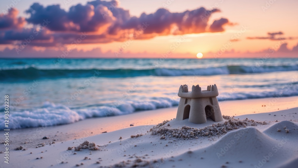 Aufkleber serene sandcastle on tranquil beach during colorful sunset with gentle waves and evening clouds