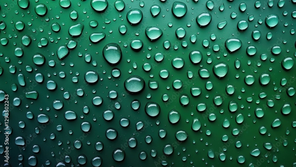 Poster water droplets on a textured green metal surface creating an abstract and visually appealing backgro