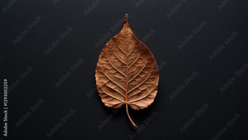 Poster dried brown leaf isolated on a black background showcasing intricate textures and organic details fo