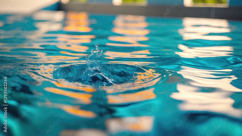 Poster rippling water surface in a pool with blurred ceramic tiles casting colorful reflections and a water