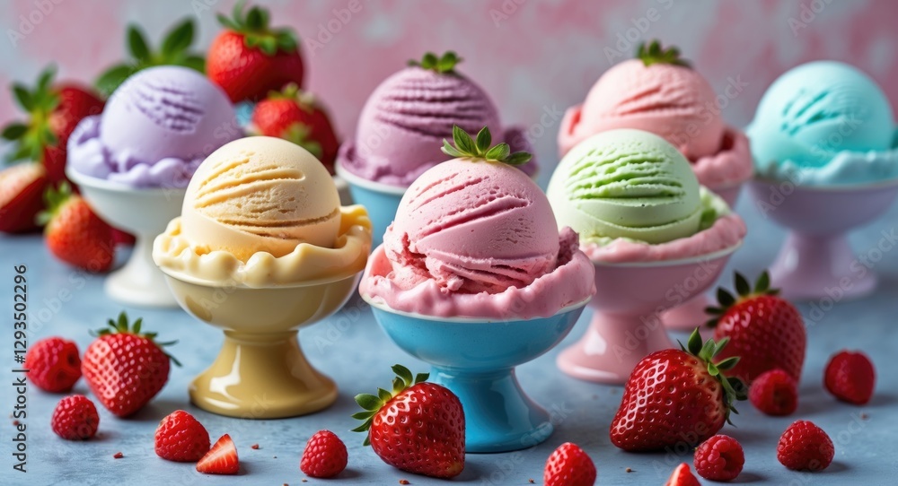 Aufkleber colorful ice cream scoops in bowls garnished with fresh strawberries on a light background with spac
