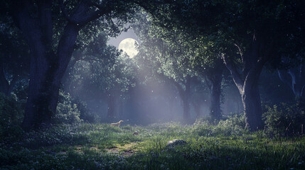 Naklejka premium Serene moonlight night in a magical forest with dogs calm dark blue trees woods grass green nature