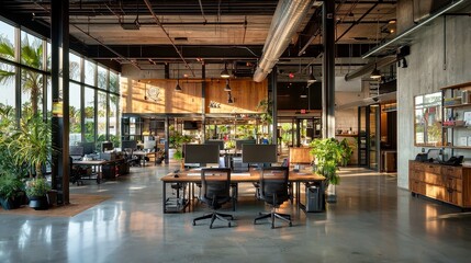 Fototapeta premium Modern office design, featuring cutting-edge technology, ergonomic furniture, and open layouts to enhance productivity and collaboration in a dynamic work environment