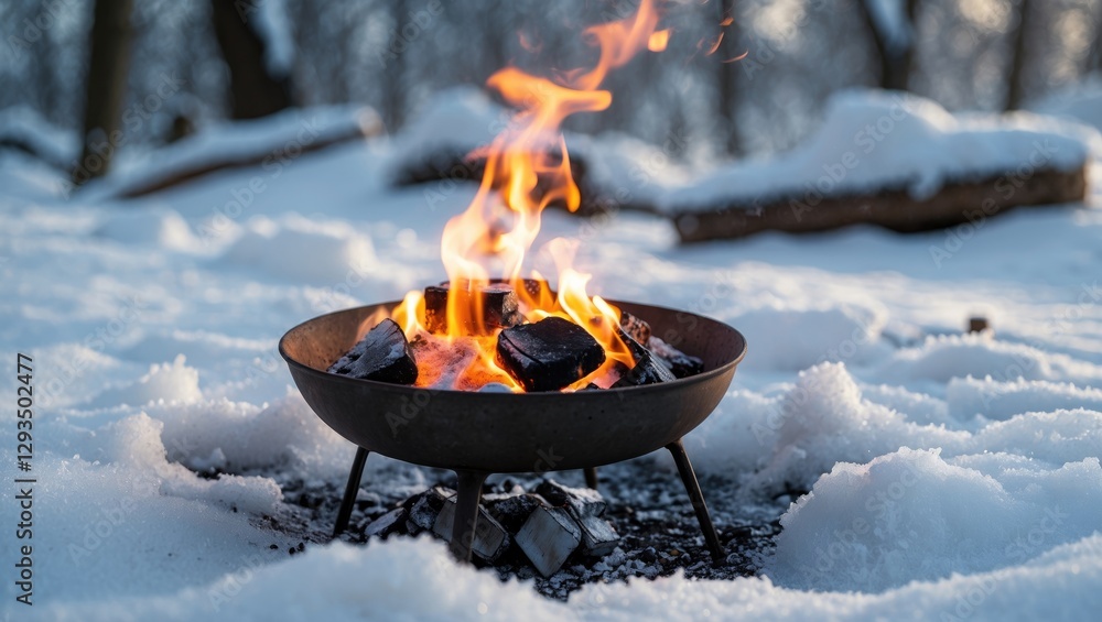 Poster winter scene with small brazier emitting flames surrounded by fresh snow in a forest setting
