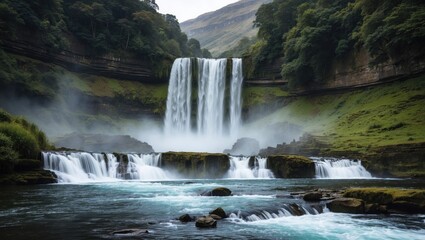 Fototapeta premium Majestic waterfall cascading into serene waters surrounded by lush greenery, symbolizing nature's beauty and tranquility in a sacred landscape.