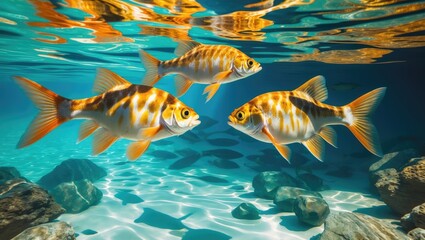 Colorful fish swimming gracefully in clear water with natural shadows, showcasing the vibrant underwater life in Wadi Bani Khalid, Oman.