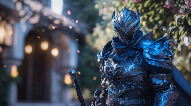 Fototapeta Dark fantasy knight in blue armor posing outdoors majestically art hero game epic sword image metal