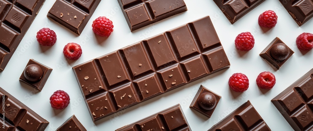Aufkleber assorted chocolate bars and raspberries arranged on a white background for a delightful top view com