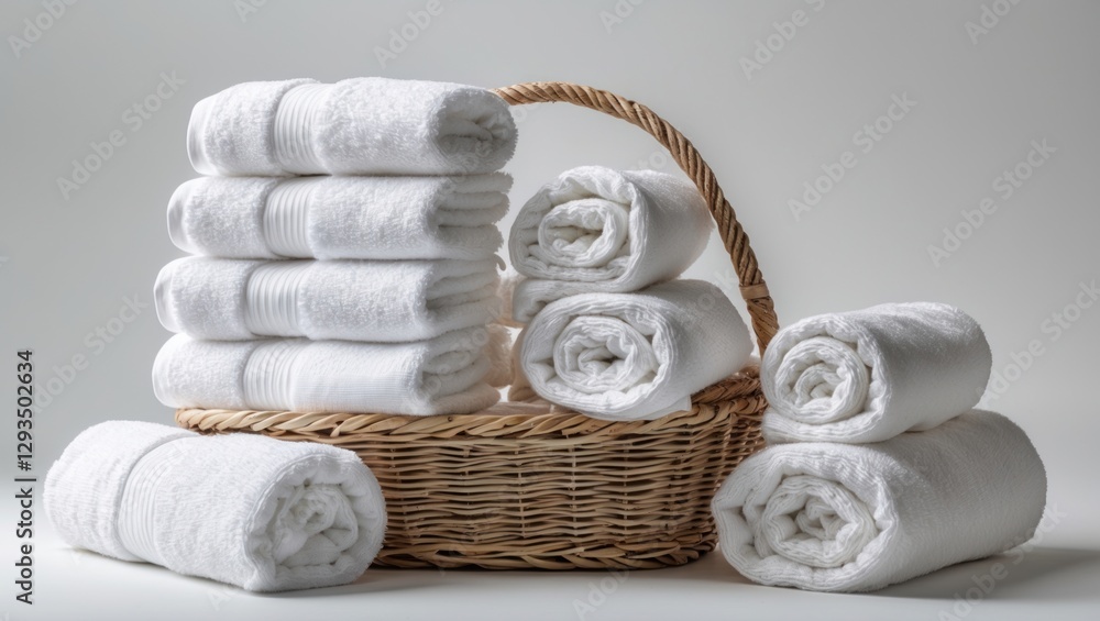Poster white spa towels neatly arranged in a woven basket on a clean white background showcasing luxury and
