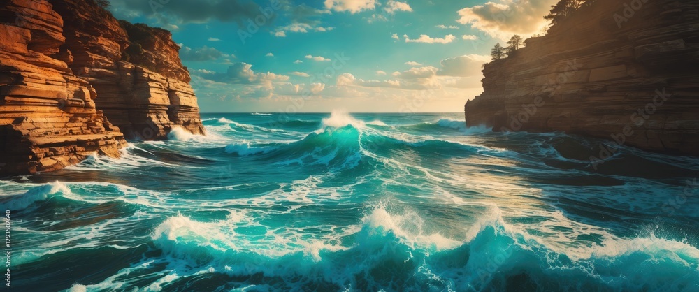 Poster dynamic ocean waves crashing against rugged cliffs under a vibrant sky creating a serene coastal lan