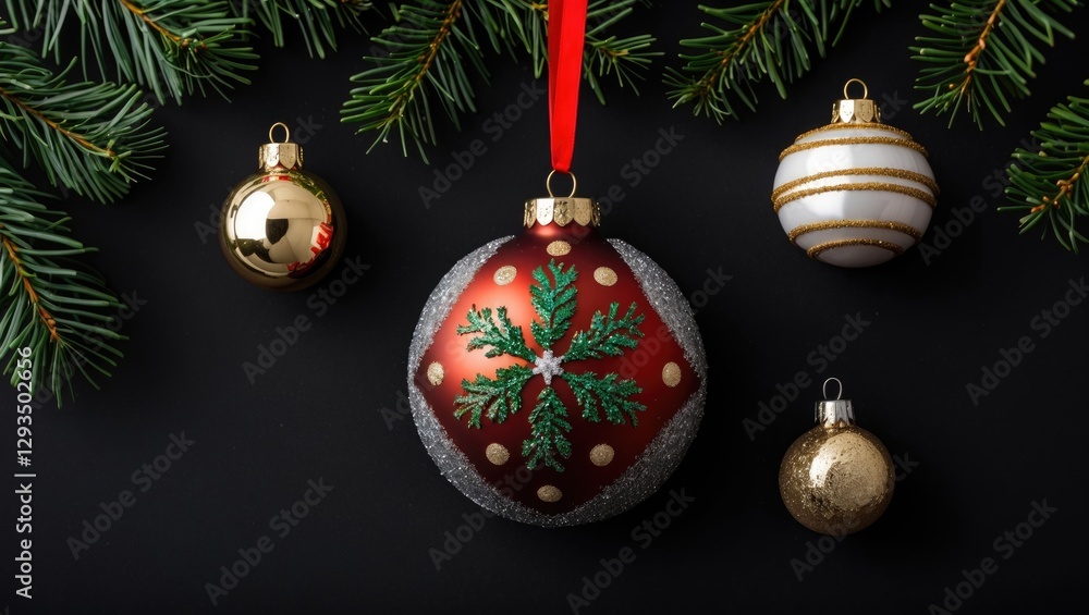 Poster elegant christmas ornaments with intricate designs on a dark background surrounded by pine branches 